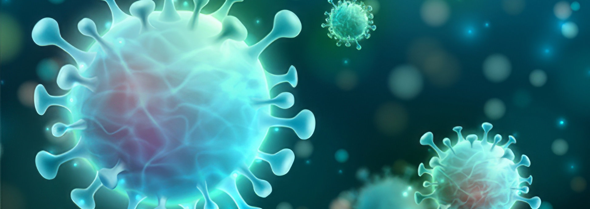 Eine grafische Darstellung von mehreren Viruspartikeln, die an das Coronavirus erinnern. Die Viruspartikel sind kugelförmig und mit stachelartigen Proteinen bedeckt. Sie schweben in einer dunkelblauen Umgebung mit unscharfen Lichtpunkten, die möglicherweise andere Partikel oder Zellen darstellen. Die Hauptviruspartikel leuchten in bläulichen und grünlichen Tönen, was ihnen ein leuchtendes und dreidimensionales Aussehen verleiht. Diese Darstellung symbolisiert eine mikroskopische Ansicht von Viren in einem infektiösen Umfeld.