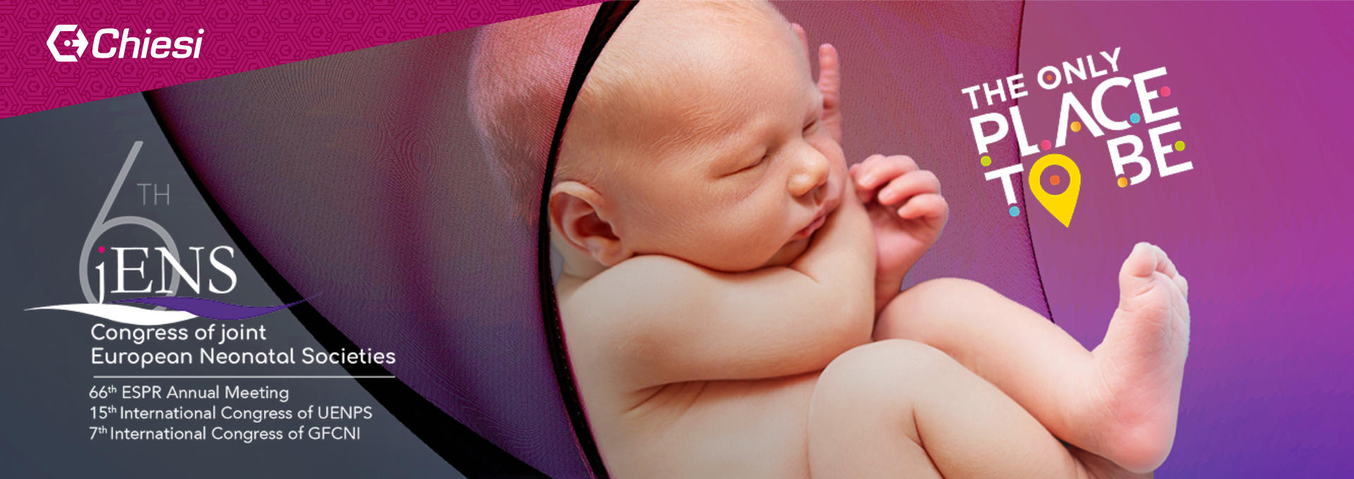 Ein Werbebanner für den jENS-Kongress auf dem ein Baby in einer Art Tuch liegt.