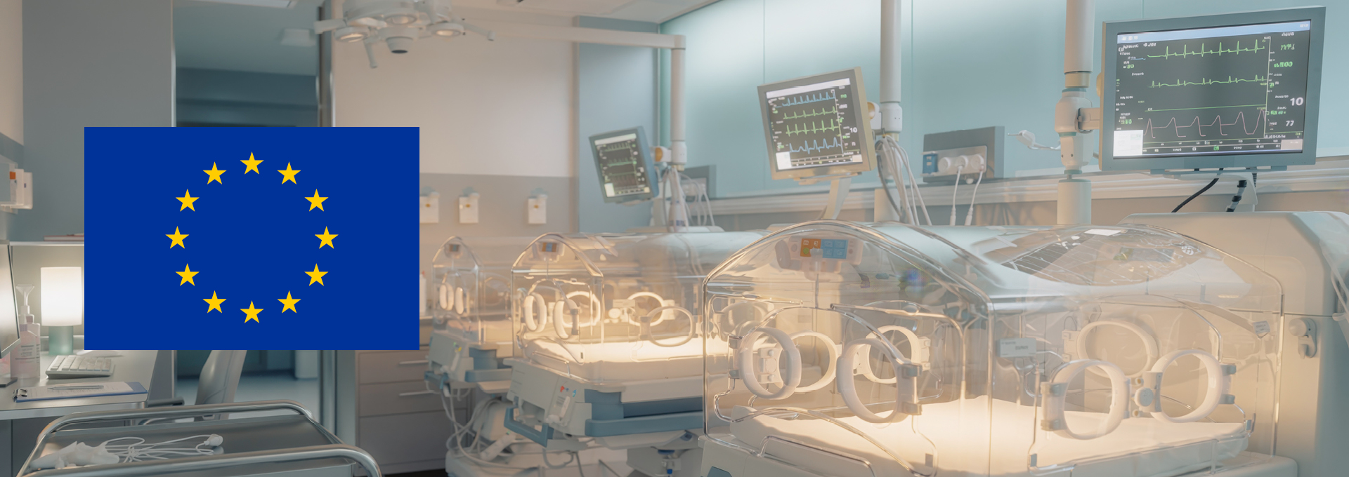 Neonatologische Intensivstation mit Inkubatoren und Überwachungsmonitoren; links im Bild die Flagge der Europäischen Union.