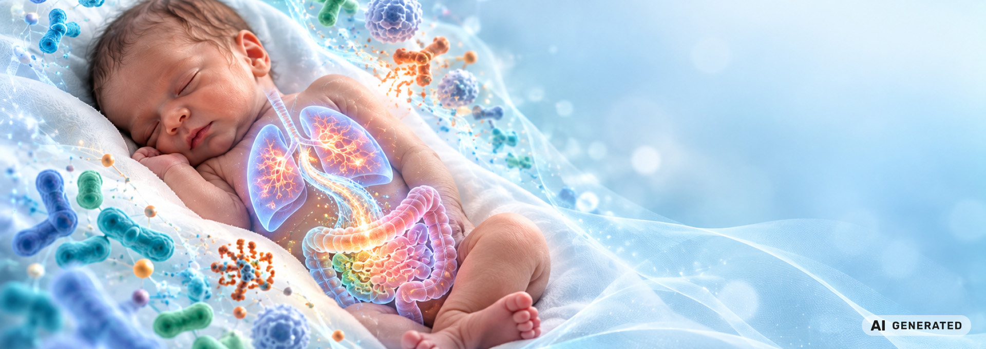 Ein Baby mit computeranimierten Organen und Viren und Bakterien.