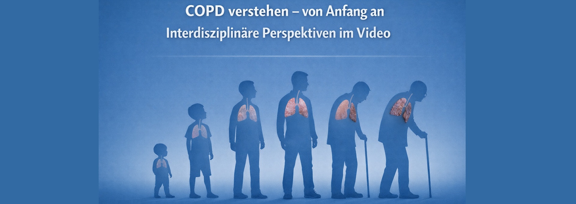Silhouetten von Menschen unterschiedlichen Alters vom Kleinkind bis zum älteren Erwachsenen zeigen die Entwicklung der Lunge im Lebensverlauf, mit Fokus auf COPD und zunehmender Lungenschädigung vor einfarbigem Hintergrund.