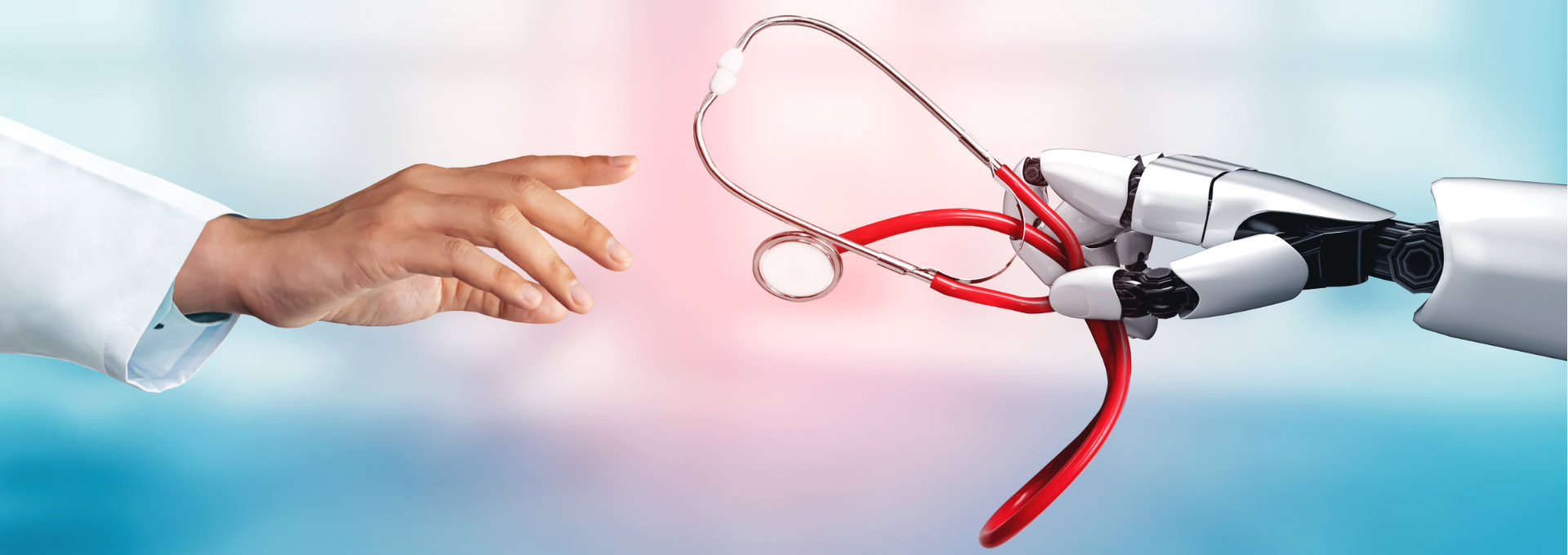 Die Hand einer Ärztin streckt sich nach einer Roboterhand aus, die ein Stethoskop hält.