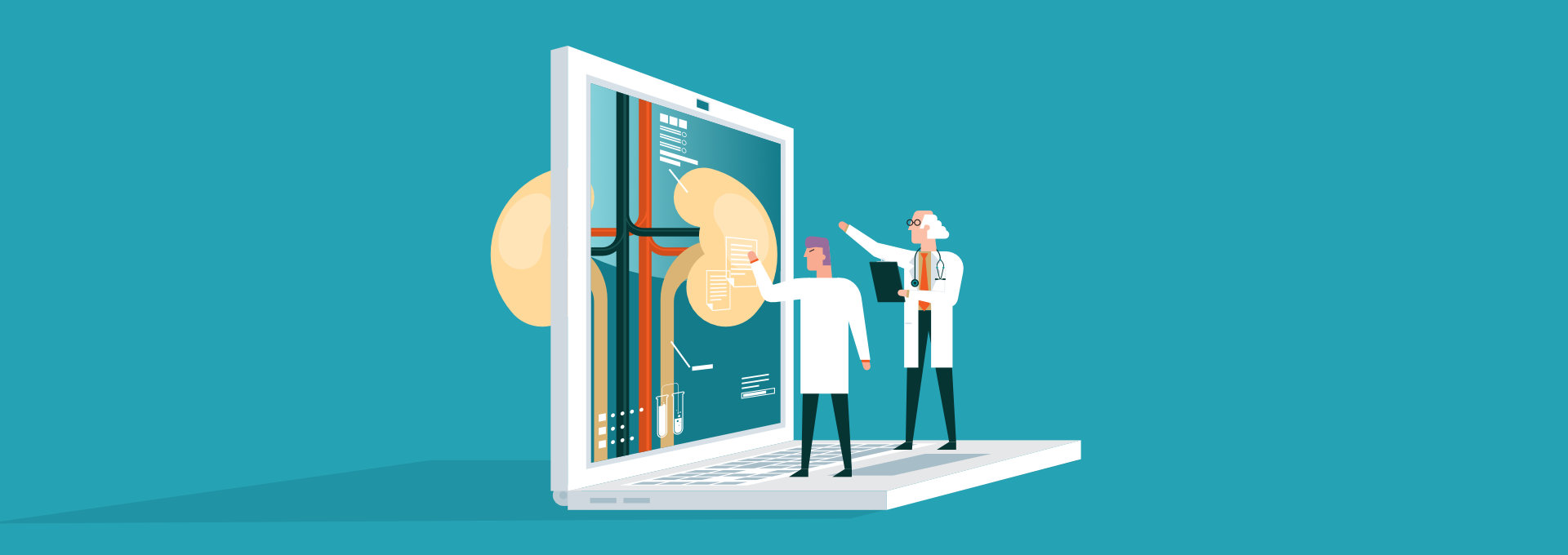 Illustration mit zwei Ärzten in Miniatur, die auf einem Laptop zeigen mit einer Nierenabbildung auf dem Bildschirm.