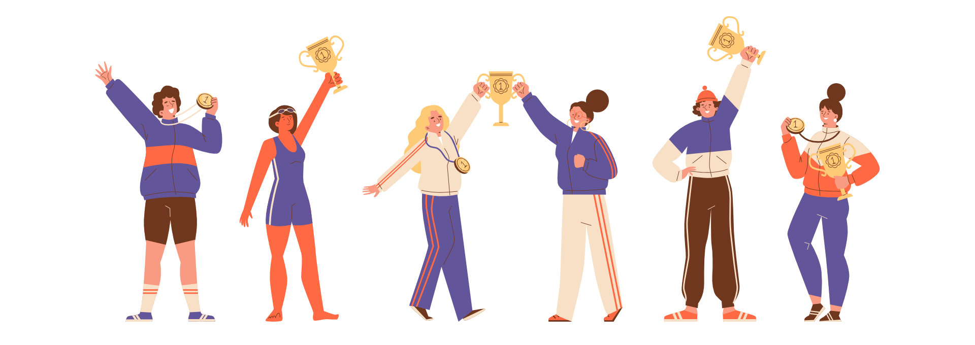 Illustration von sechs Sportlerinnen in Sportkleidung, die jubelnd Pokale und Medaillen in die Höhe halten