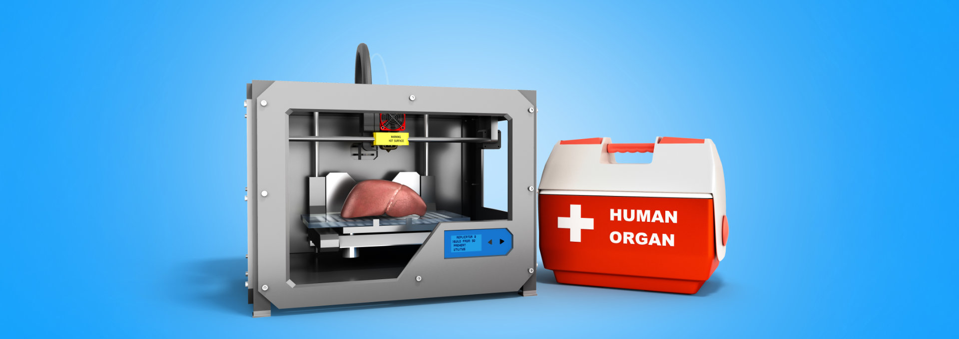 Illustration eines 3D-Druckers, der ein menschliches Organ druckt, daneben eine Transportbox mit der Aufschrift „Human Organ"