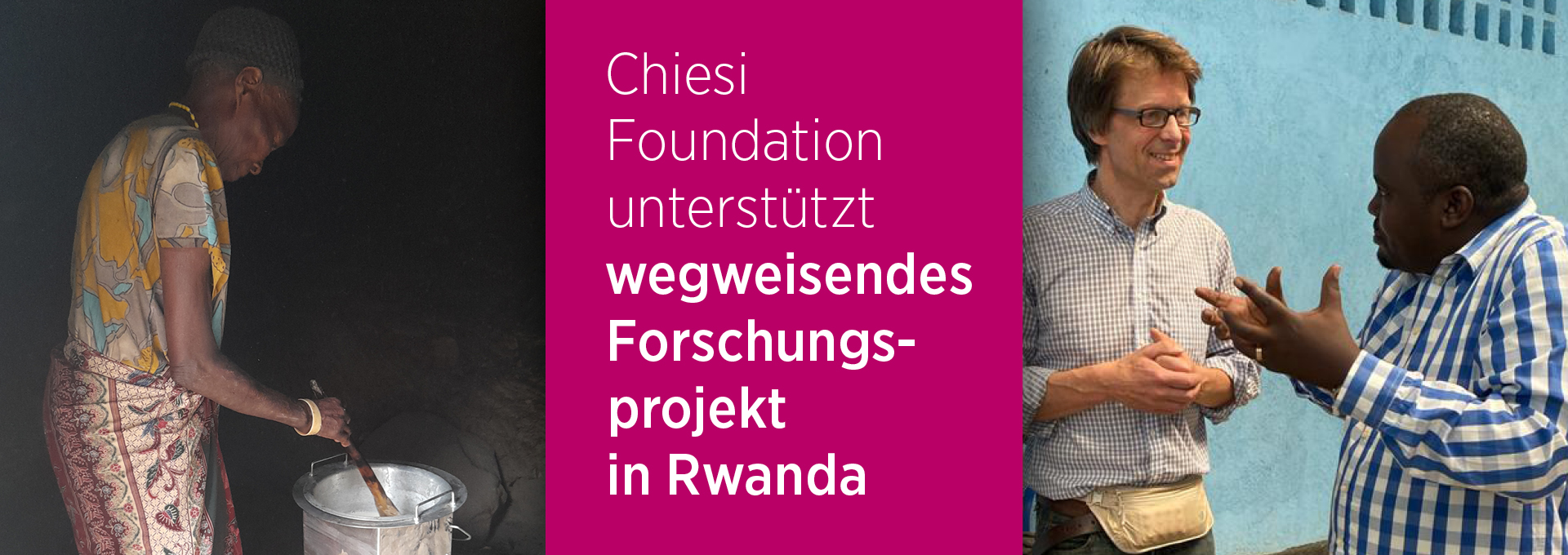 Bildkomposition mit zwei Anteilen: links ist eine schwarze Frau, die mit einem Kochlöffel in einem Topf rührt; rechts reden zwei Männer miteinander