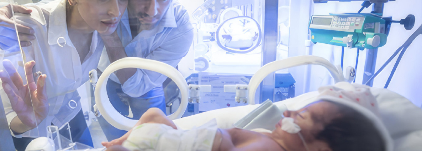 ein Mann und eine Frau betrachten ein Baby in einem Krankenhausbett