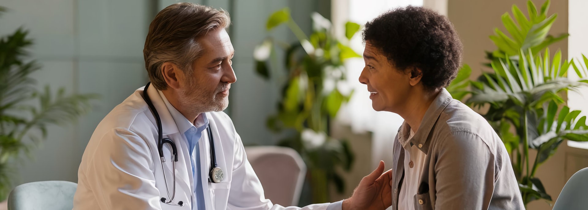 Ein älterer männlicher Arzt mit grauen Haaren und einem weißen Kittel sitzt und spricht einfühlsam mit einer älteren afroamerikanischen Patientin in einem hellen Beratungszimmer. Sie sitzen sich gegenüber, und der Arzt hält ihre Hände, während sie sich unterhalten. Im Hintergrund sind grüne Zimmerpflanzen zu sehen, die eine freundliche und beruhigende Atmosphäre schaffen.