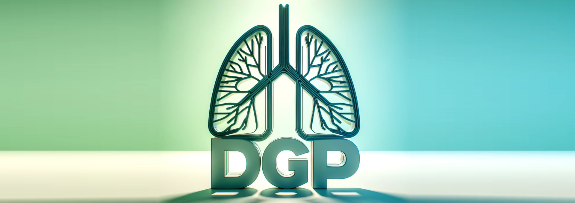 Illustration eines stilisierten Lungenpaares, das das Logo der Deutschen Gesellschaft für Pneumologie und Beatmungsmedizin (DGP) darstellt.  Unterhalb der Lungen befindet sich die Abkürzung "DGP" in großen, kräftigen Buchstaben.  Der Hintergrund ist in einem sanften Grün- und Blauton gehalten, was eine beruhigende und medizinische Atmosphäre vermittelt.