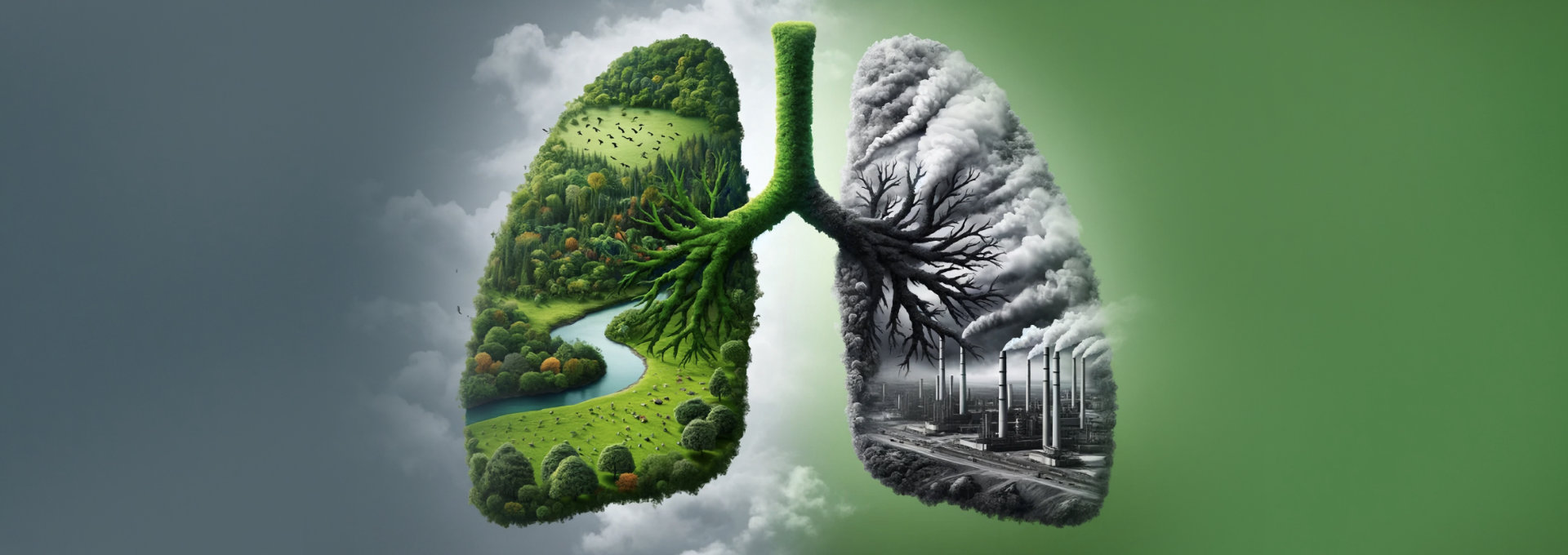 Illustration einer menschlichen Lunge, bei der die linke Seite grün und gesund dargestellt ist, mit Bäumen, Flüssen und einer lebendigen Landschaft. Die rechte Seite zeigt eine düstere, industrielle Szene mit Fabriken, die Rauch ausstoßen, symbolisierend die Auswirkungen der Umweltverschmutzung
