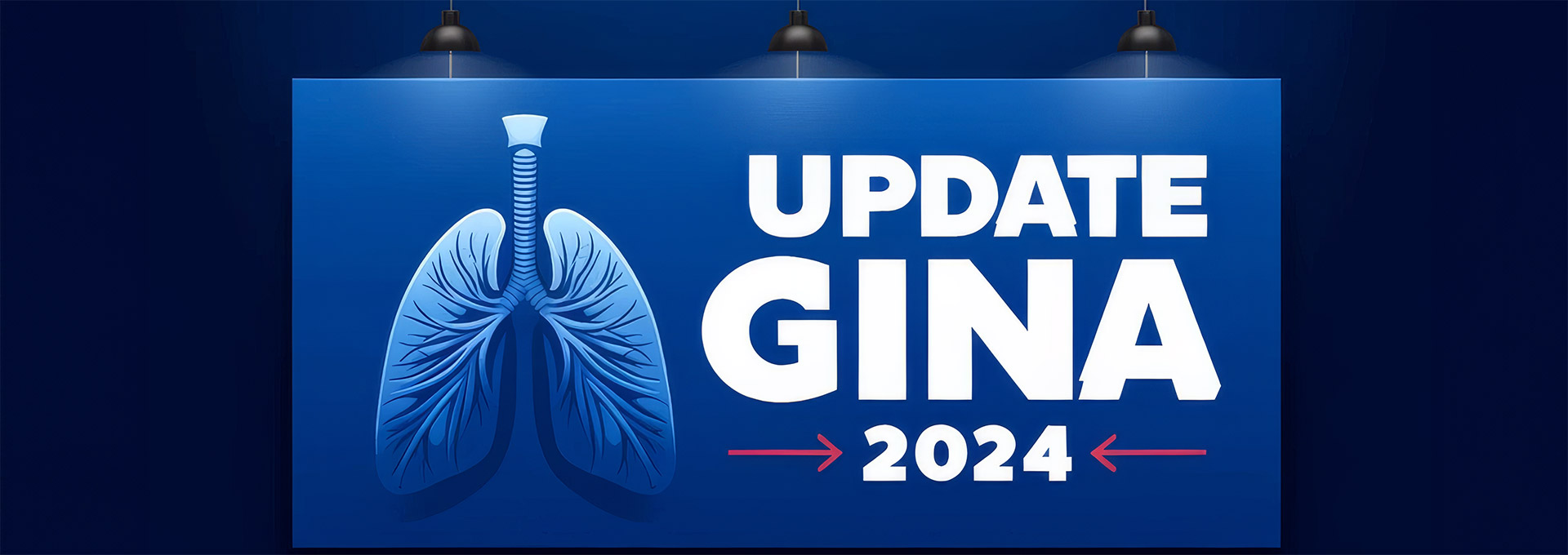 in blaues Plakat mit der Illustration von Lungen und einem Atemweg. Auf dem Plakat steht in weißer Schrift "UPDATE GINA 2024". Das Plakat ist von drei schwarzen Lampen beleuchtet, die von oben herabhängen.