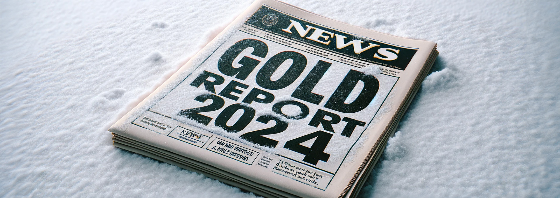 Eine Zeitung liegt auf einer schneebedeckten Oberfläche, auf der in großen, auffälligen Buchstaben "GOLD REPORT 2024" steht. Die Schlagzeile ist prominent platziert, und das Gesamtbild vermittelt den Eindruck einer wichtigen Ankündigung oder Nachricht.