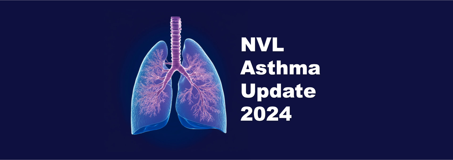 Bild eines menschlichen Lungenmodells, das in blauen und violetten Tönen dargestellt ist. Neben der Abbildung steht der Text 'NVL Asthma Update 2024' auf dunkelblauem Hintergrund.