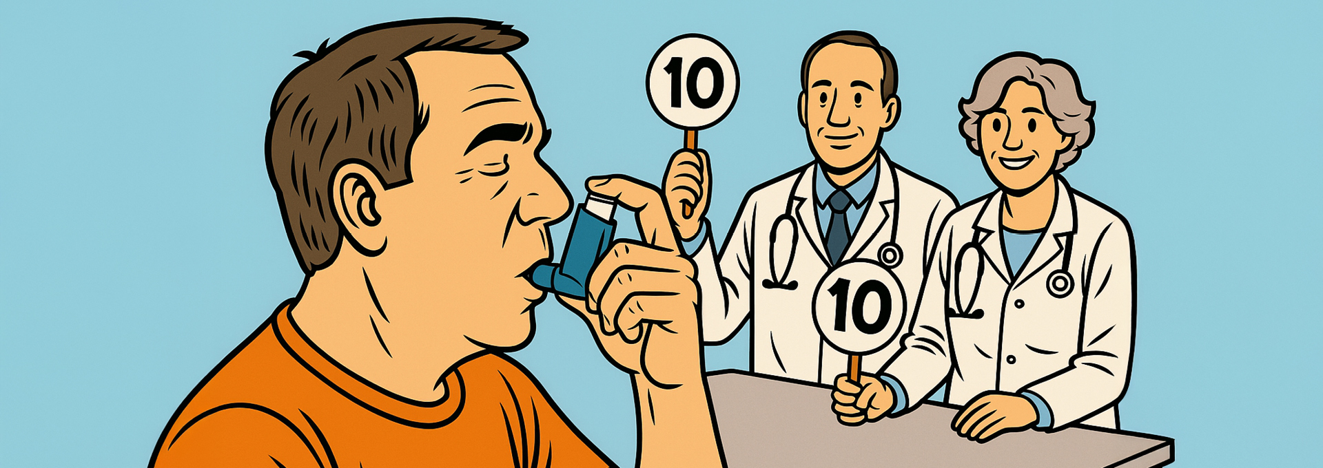 Ein Mann in orangefarbenem T-Shirt benutzt einen Asthma-Inhalator. Im Hintergrund sitzen zwei lächelnde Ärzt*innen, die jeweils ein Schild mit der Zahl „10“ hochhalten – als würden sie seine Anwendung des Inhalators bewerten. Die Szene ist comicartig illustriert. Die Darstellung vermittelt auf humorvolle Weise eine korrekte Inhalationstechnik und positive Rückmeldung durch medizinisches Fachpersonal.