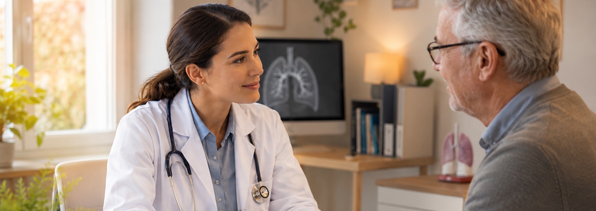 Hausärztin bespricht in einer warm eingerichteten Praxis mit einem älteren Patienten die Behandlung von Atemwegserkrankungen. Auf dem Tisch liegen Unterlagen und Inhalatoren, im Hintergrund ist eine Lungenabbildung zu sehen.