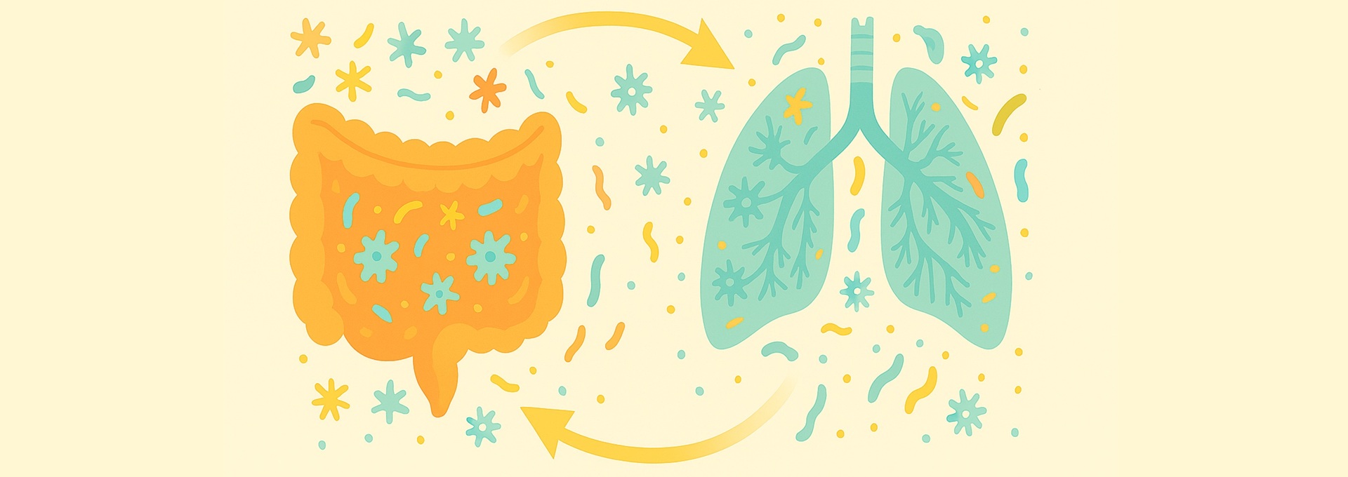 Symbolische Illustration von Darm und Lunge: Links ein stilisierter Darm, rechts Lungenflügel, verbunden durch Linien und Punkte, die den biologischen Austausch über Immunwege und Metabolite darstellen. Blaue Farbtöne vermitteln einen wissenschaftlich-medizinischen Kontext