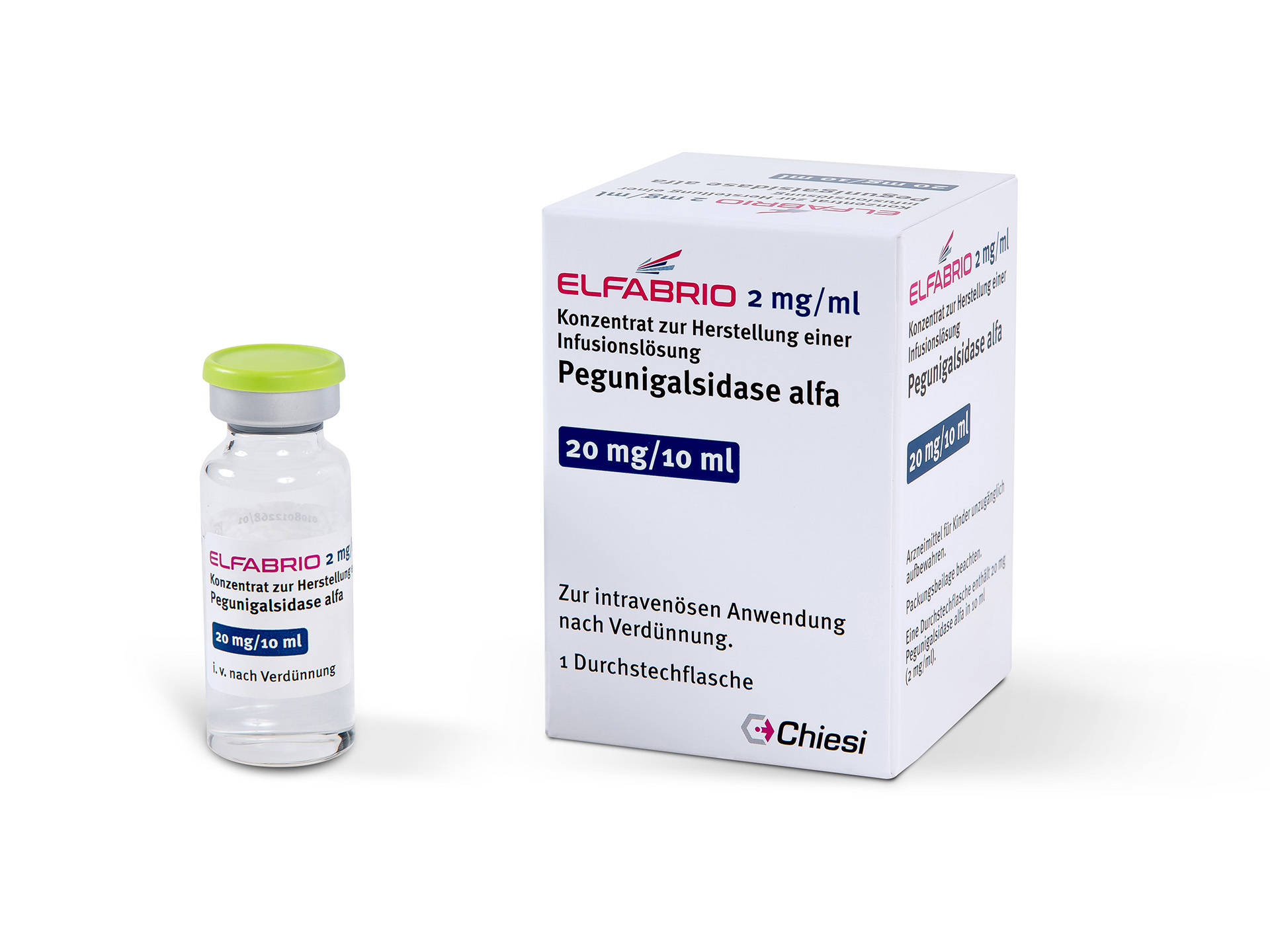 Die Packung und Flasche des Medikaments Elfabrio®