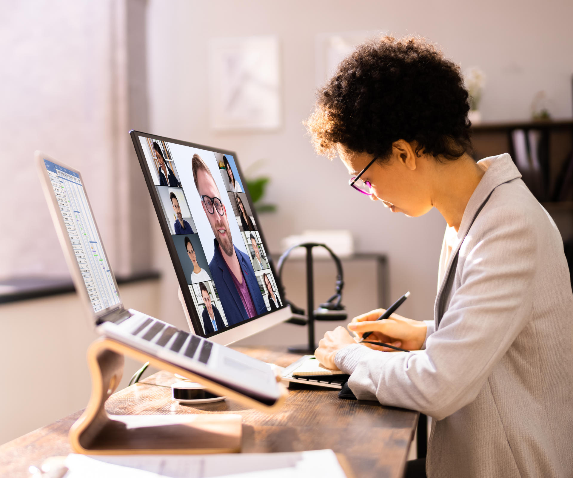 Eine junge Frau arbeitet an einem Schreibtisch und führt einen Videocall.