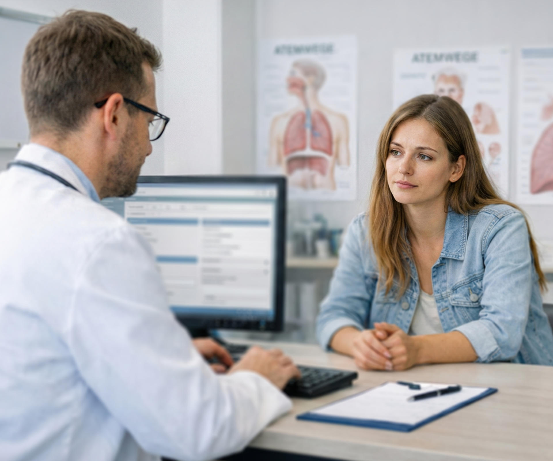 Eine junge Frau wird von einem Arzt beraten.