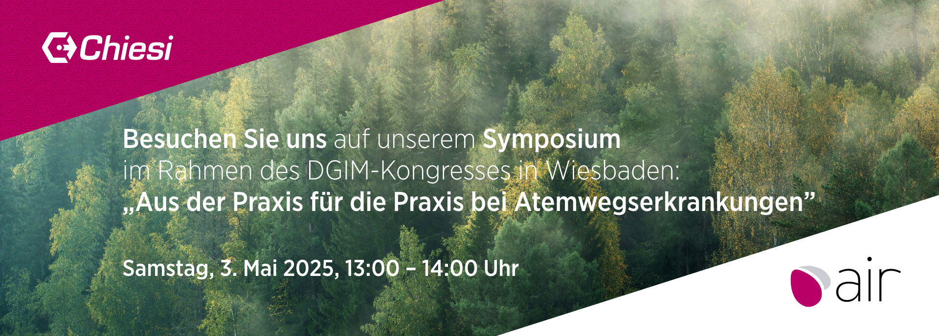 Ankündigung Chiesi-Symposium auf einem Motiv mit Wald im Nebel